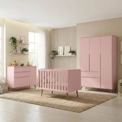 Quarto de Bebê Completo 3 Peças Berço Minicama 2 em 1, Cômoda e Guarda-Roupa Retrô 100% MDF Melinda Rosê