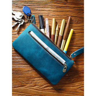 Estojo de couro genuíno feito à mão, grande capacidade, bolsa de armazenamento de papelaria para estudantes, feito retrô