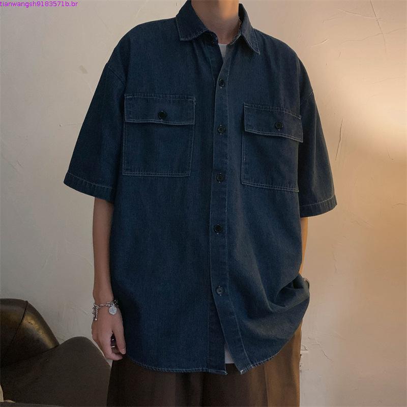 Verão estilo fino na moda Denim csa de manga curta masculina Harajuku csa de meia manga ins estilo japonês All-Mat