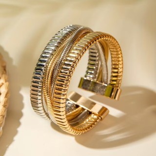 Pulseira Elástica Estilosa Hip-Hop Punk, Versão Larga, com Cruz, Listras Verticais e Corrente de Osso de Cobra, Bracelet