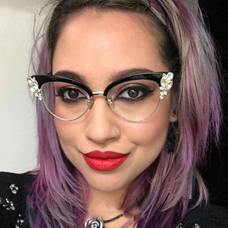 Armação de Óculos Ópticos Femininos Estilo Olho de Gato com Strass Brilhantes, Óculos Elegantes para Mulheres 8TGW