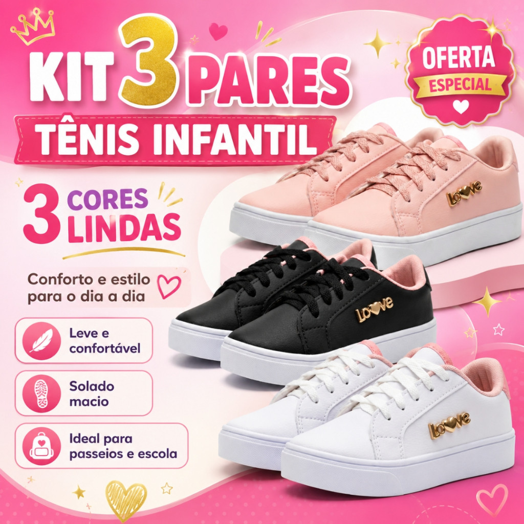 Kit 3 Pares Tênis Infantil Feminino Menina Com Cadarço Ajustável E Solado Branco Moderno