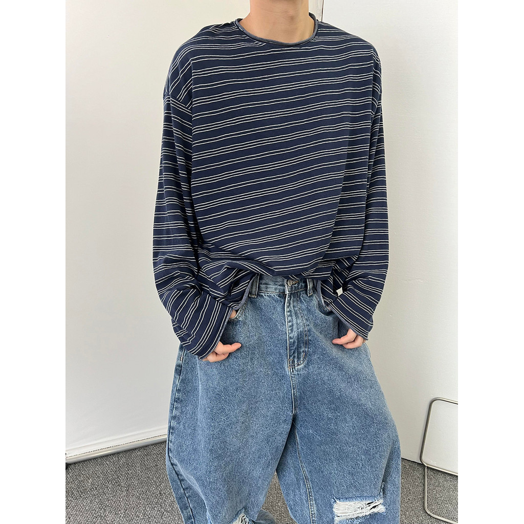 Estilo coreano primavera outono listrado manga comprida camiseta meninos solto estilo preguiçoso Curling estilo fino blu