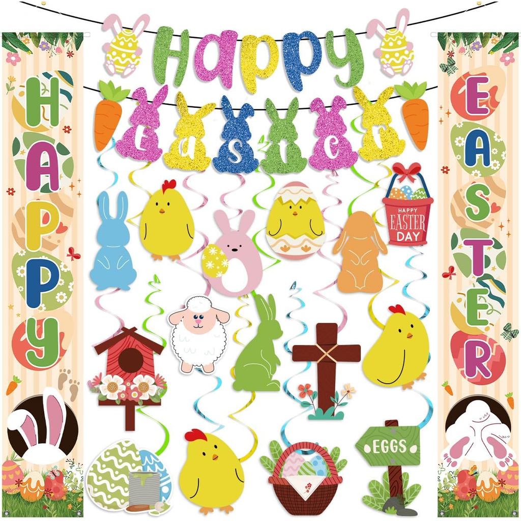 Decorações de Páscoa: Faixa de Feliz Páscoa para Varanda, Guirlanda de Ovos com Espirais Penduradas, Faixa de Coelhinho 