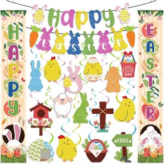 Decorações de Páscoa: Faixa de Feliz Páscoa para Varanda, Guirlanda de Ovos com Espirais Penduradas, Faixa de Coelhinho 