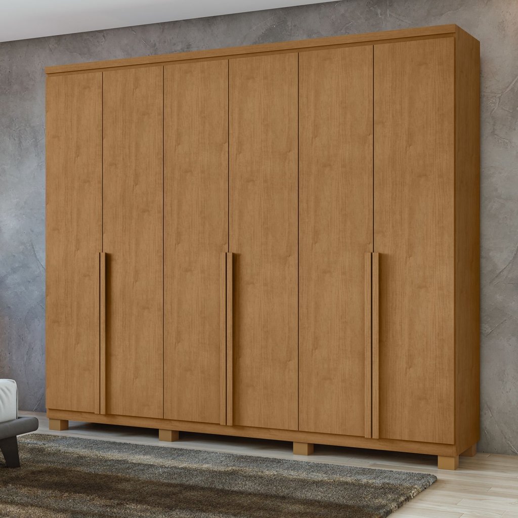 Guarda-Roupa Casal 6 Portas 4 Gavetas com Pés MDF 230cm Alonzo Amêndoa Clean Amêndoa Clean