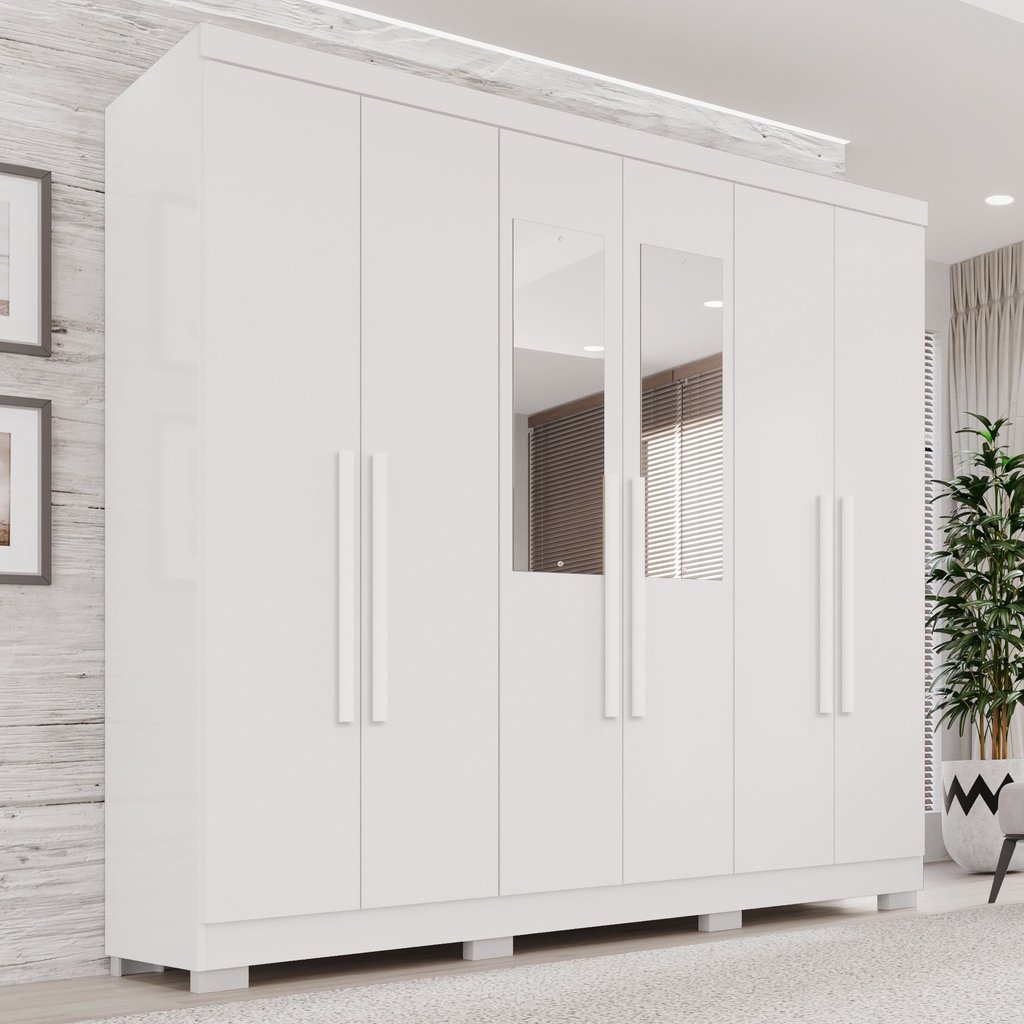 Guarda-Roupa Casal com Espelho 6 Portas 2 Gavetas com Pés França Branco Branco