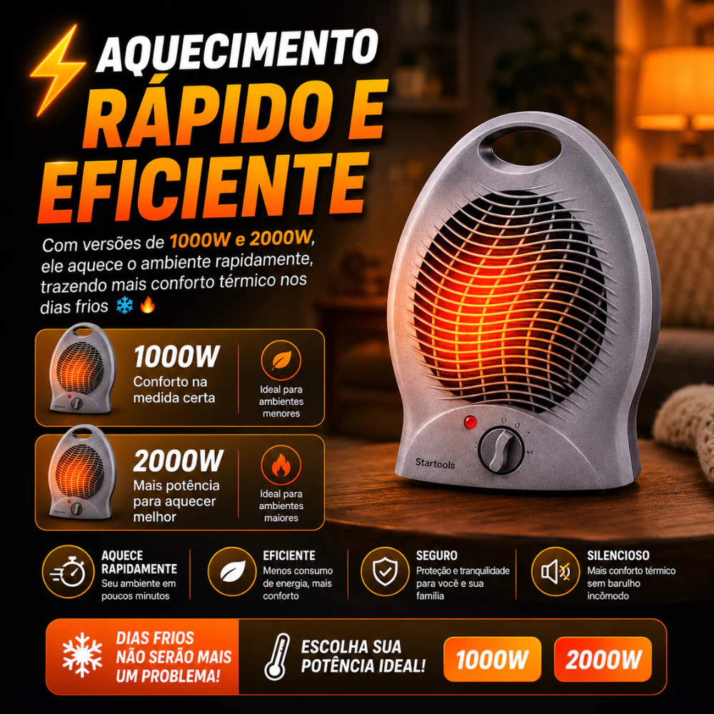 Aquecedor Térmico Compacto 2000W - 220V Aquecimento Rápido Design Moderno Potência Alta Elétrico Sala