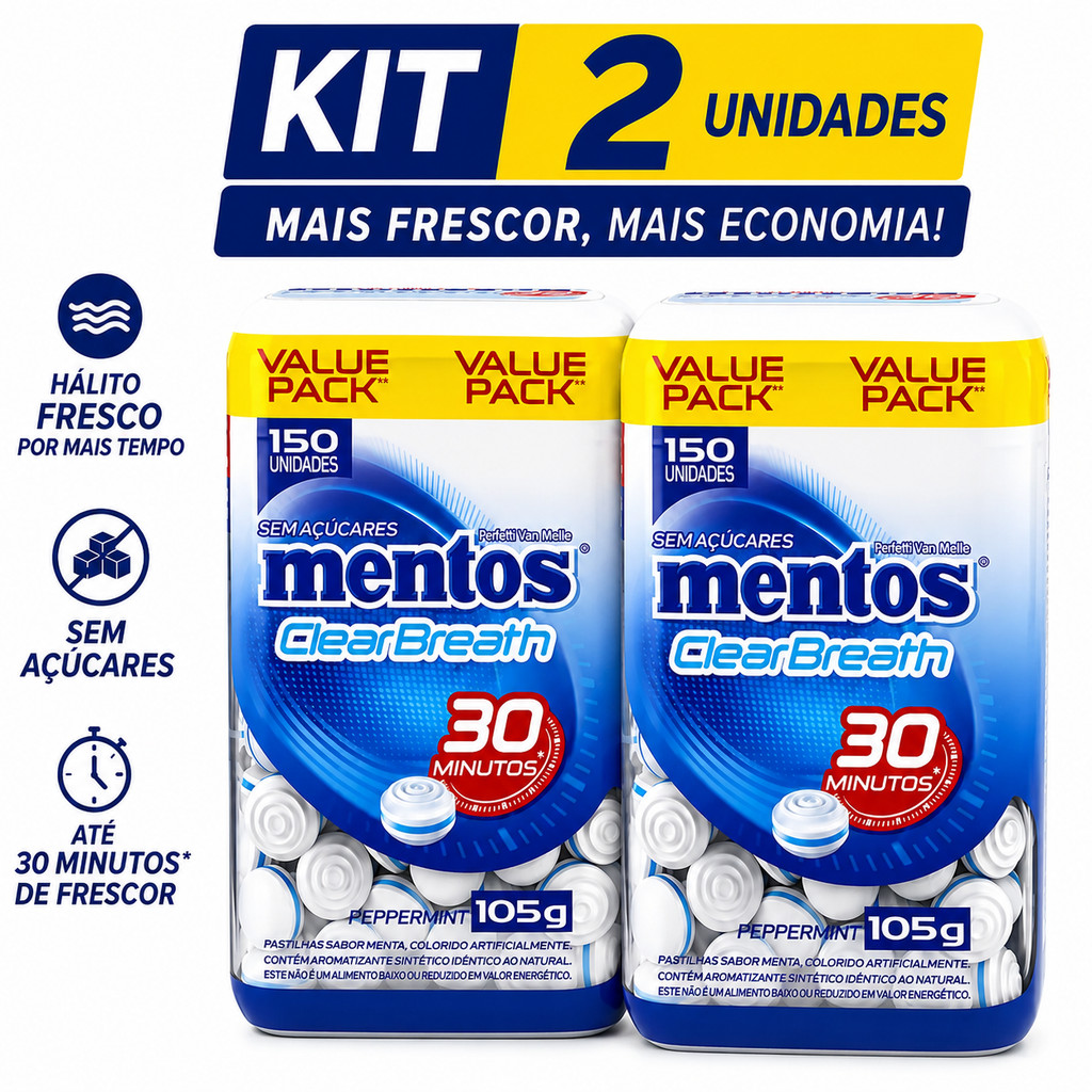 Kit 2 Pastilhas Mentos Kiss Peppermint Sem Açúcar 105g cada - Pote com 150 unidades