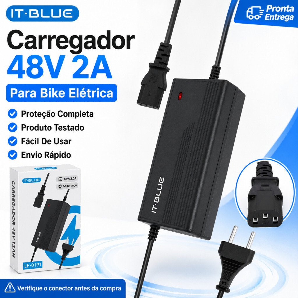 Fonte  Compatível com bateria de lítio 48V 2A Para Bike Bicicleta Elétrica Bivolt Proteção Curto E Superaqueci