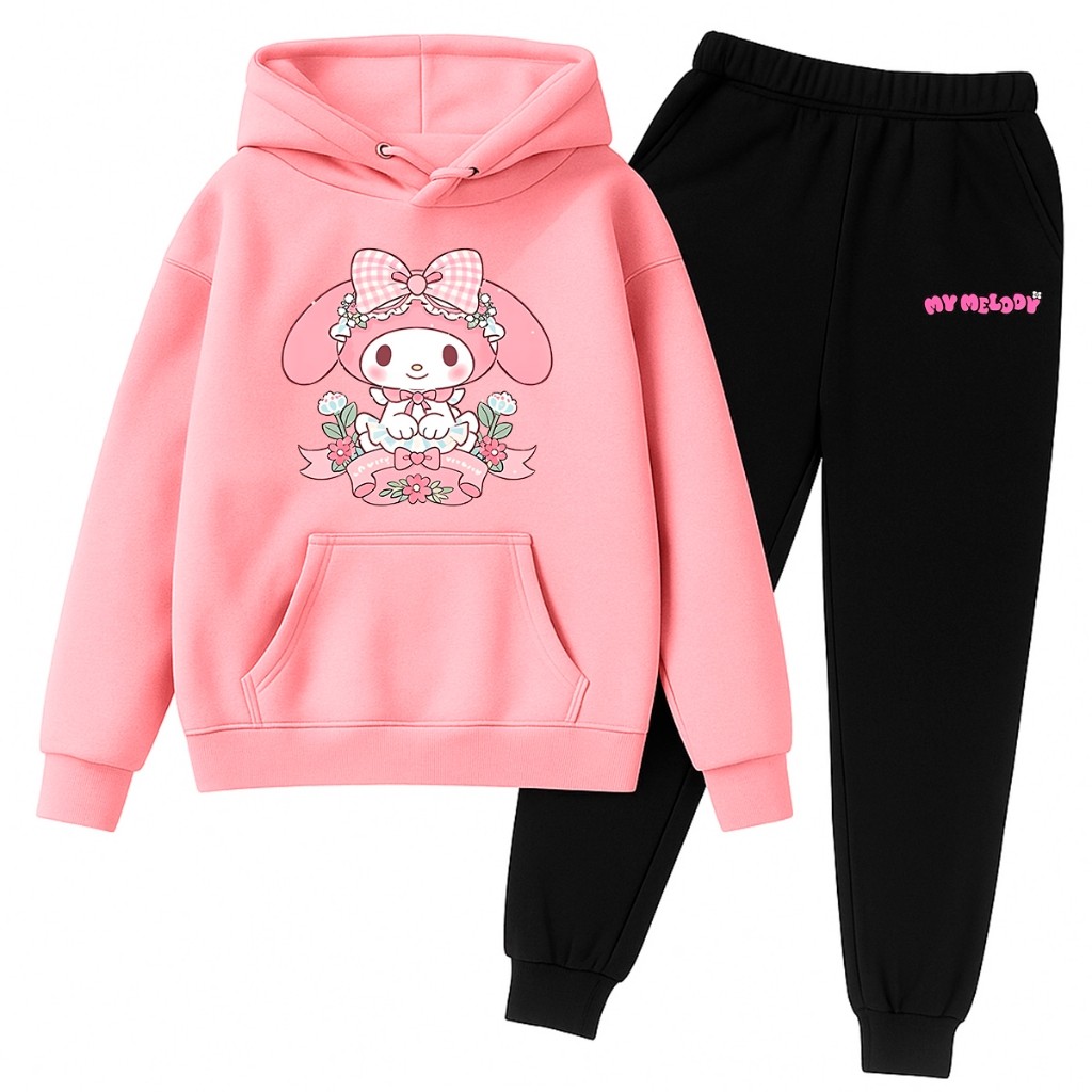 Conjunto Moletom Infantil Feminino Capuz Rosa Estampa Coelhinha Cute Inverno