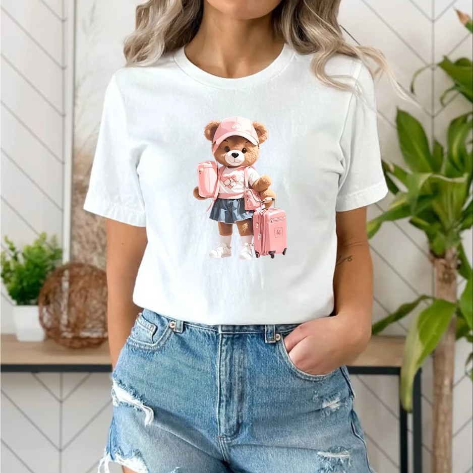 Camiseta Feminina Estampada Ursinho Tendencia Blusa Fio Penteado 100% Algodão Leve e Confortável  Blusinha Meninas