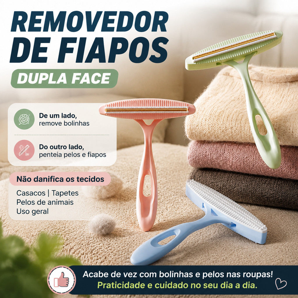 Removedor de Bolinhas Escova Manual Reutilizável Tira Fiapos e Pelos para Roupas Sofá Paletó Tapetes Tecidos Dupla Face