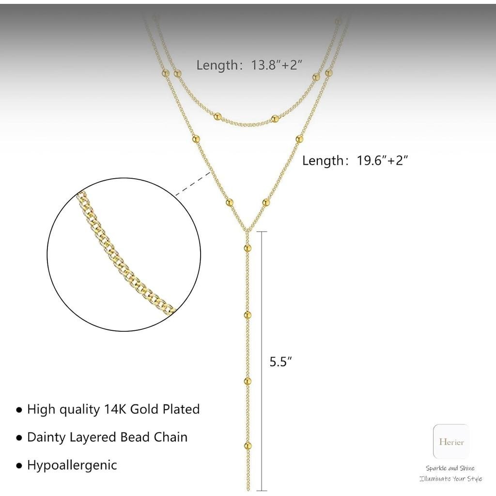 Colar de Ouro HERIER Lariat para Mulheres, Colar Longo Delicado Banhado a Ouro 14k/Prata, Colar em Y com Corrente de Pér