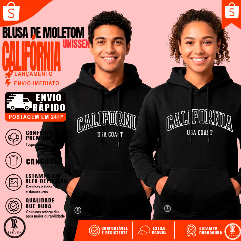 Moletom Unissex estampado California USA Coast Blusa casaco canguru com bolso e capuz Linha premium
