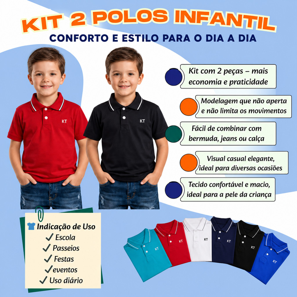 Kit 2 Camisetas Polo Infantil Menino 100% Algodão Confortável — imagem 2 de 2