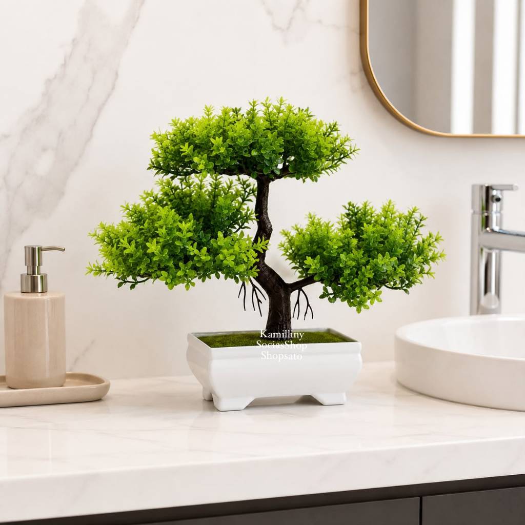 Kit 2 Arranjos Completo: Arvore Bonsai Premium Com Vaso Retangular Com Musgo Artificial Enfeite Decorativo Arranjo
