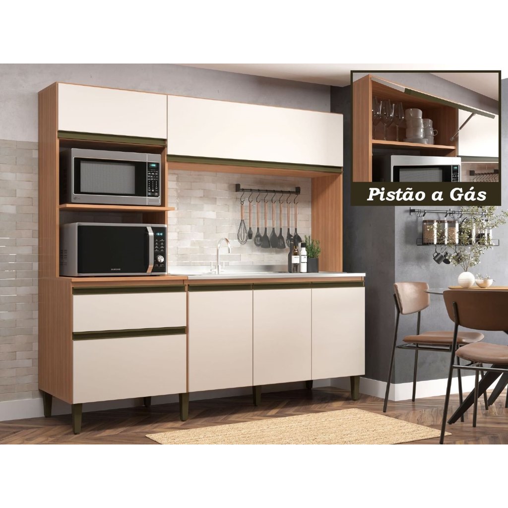 Cozinha Compacta Modulada Vitória 6 Portas 1 Gaveta 2 Nichos para Forno Bege/Freijó/Off White