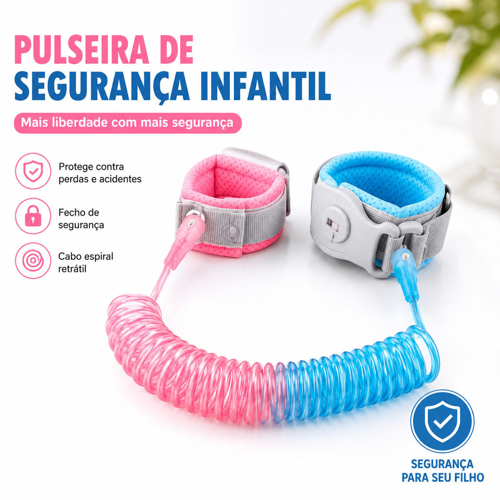 Pulseira de Segurança Infantil Retrátil Anti Perdido Ajustável com Trava para Crianças e Bebês 1,5m