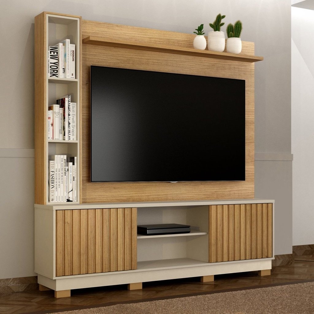 Estante para TV e Home Theater Ripado para TV até 65 Polegadas 190CMX195CM Montenegro Marrom Cinamomo/Off White