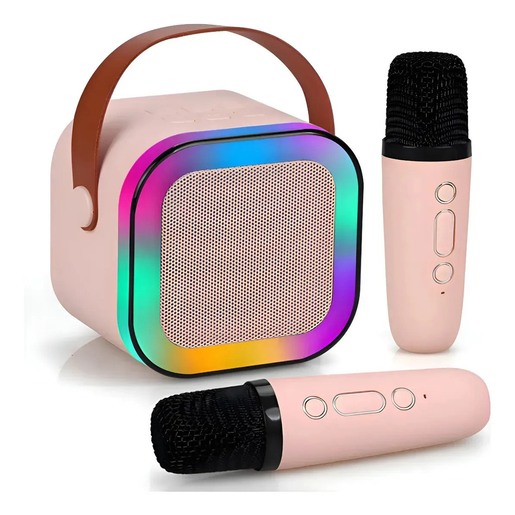 Caixinha Karaokê Infantil 2 Microfones Bluetooth Luz LED Portátil Festa