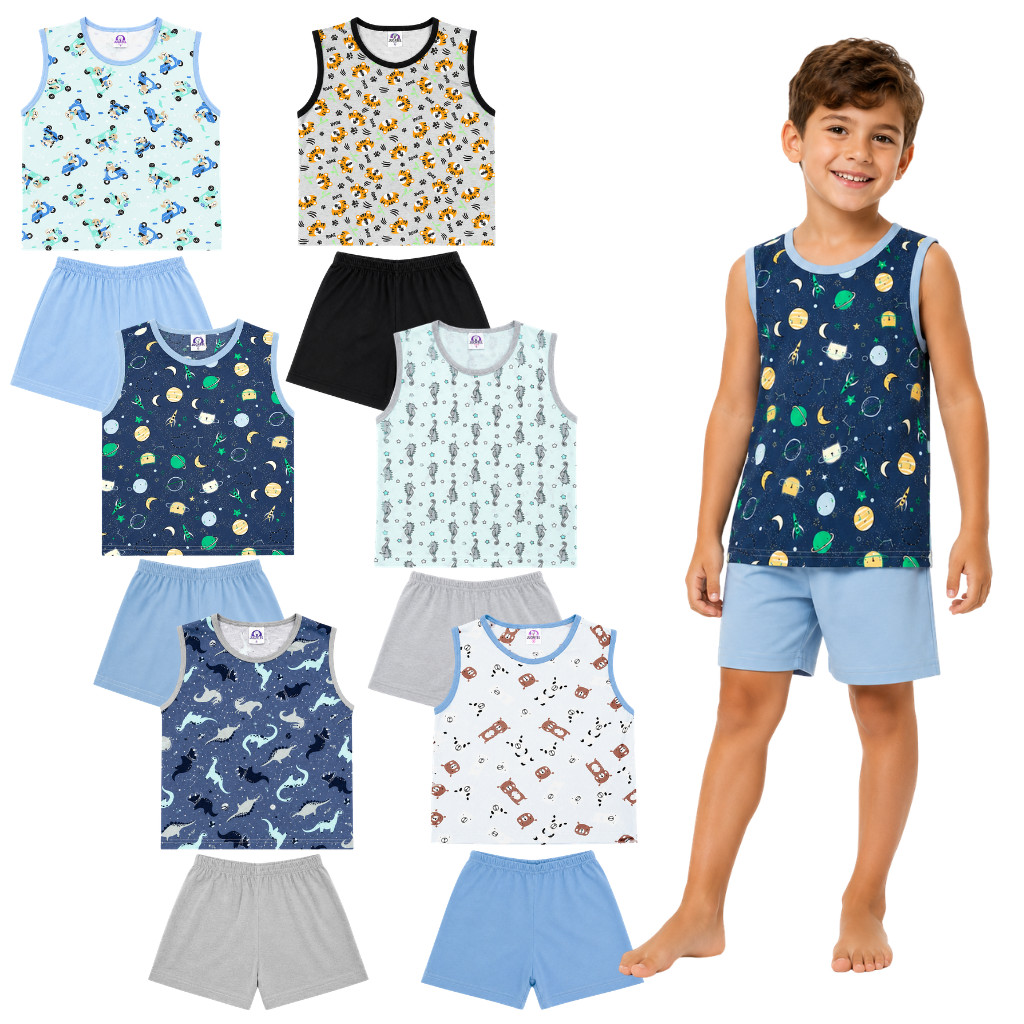 Kit 4 Pijamas Regata Machão e Short Estampas Sortidas Infantil Masculino Tam. 2 ao 8