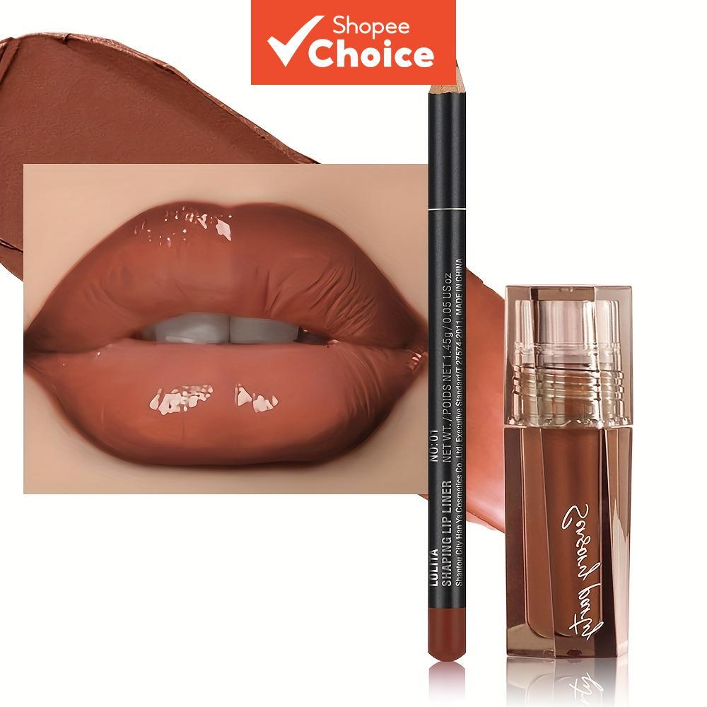 Conjunto Lápis e Brilho Labial Suave - Combinação de Lábios de Longa Duração, Cor Vibrante com Brilho Hidratante para