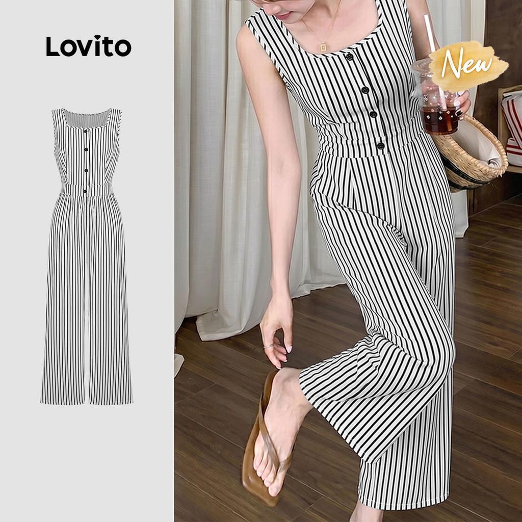 (New Arrival) Lovito Macacão Casual com Botões e Drapeado Preto e Branco para mu
