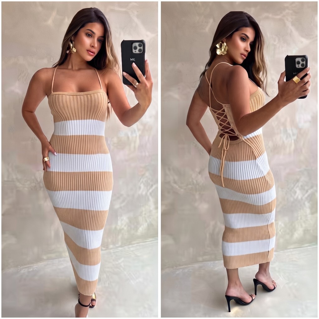 Vestido Trico Modal Midi Canelado Feminino Alcinha Com Amarração Nas Costas Lançamento Verão