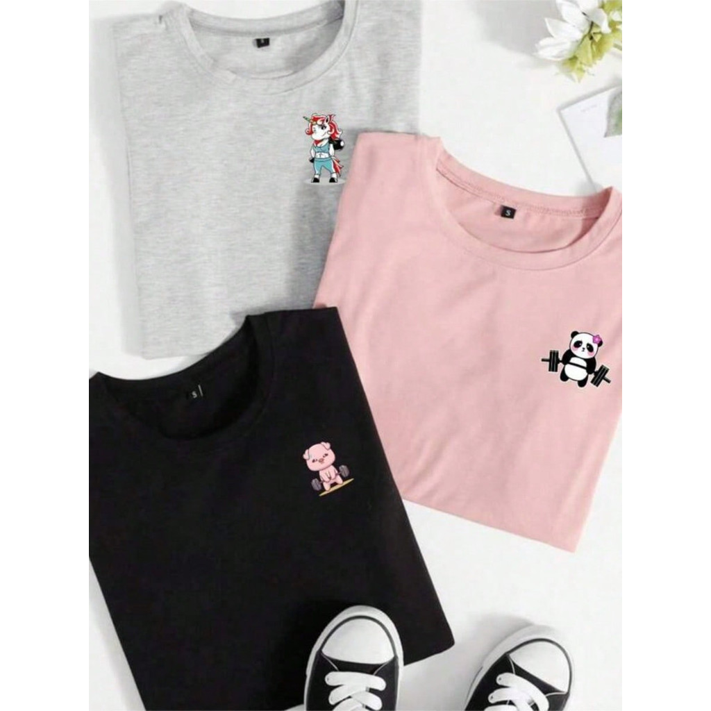 Kit com 3 Camisetas Femininas Oversized com Estampa de Vaca, 100% Algodão, Camiseta para Academia e Fitness