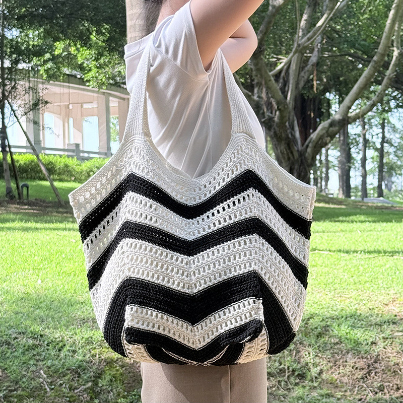 [Estoque pronto] Commuter axila pedido bolsa de ombro listrado cor do quarto bolsa de malha feminina bolsa de malha de g