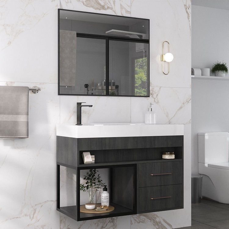 Conjunto Gabinete para Banheiro com Espelheira New 80 Carbono/Carbono Carbono