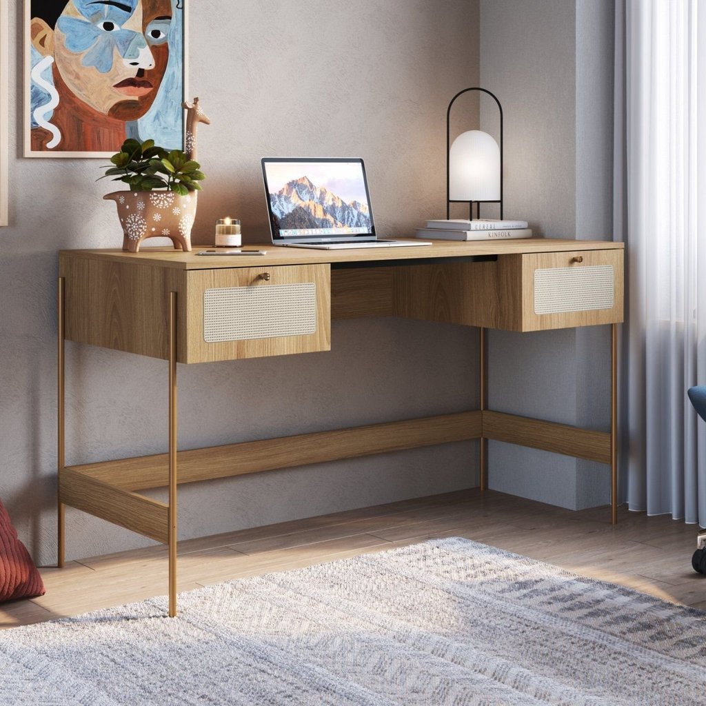 Escrivaninha Mesa Escritório Palhinha Pé Metal Oslo 2 Gavetas 139cm Hanover Marrom Hanover