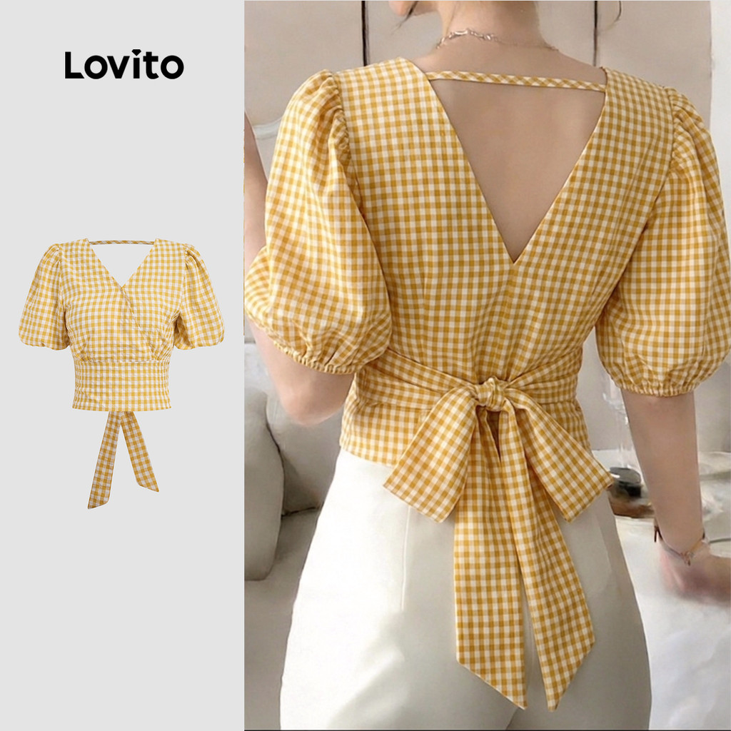 (New Arrival) Lovito Blusa Casual Amarração com Zíper Nas Costas Primavera/verão