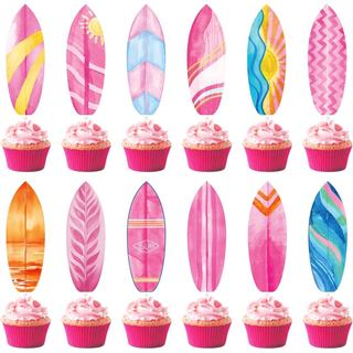 24 peças de toppers de cupcake vintage com tema de prancha de surf rosa, decorações para festa de verão com tema de surf