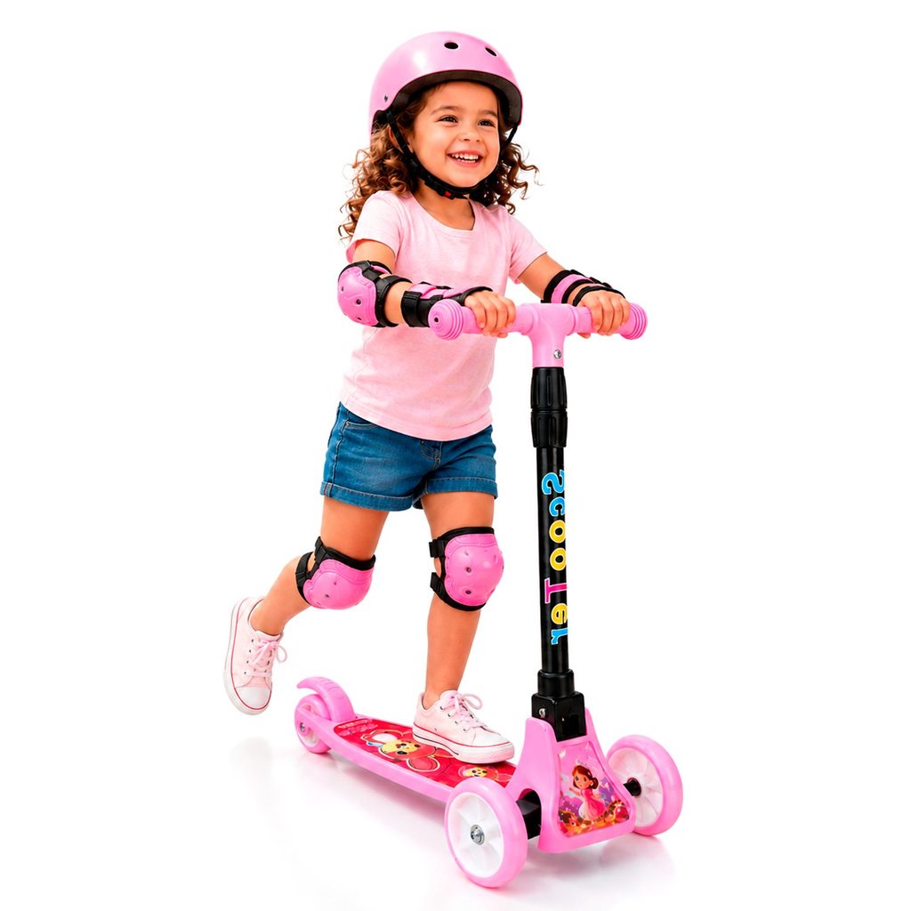Patinete Dobrável Infantil Teen Sports Rosa Com 3 Rodas Guidão Ajustável E Freio Traseiro