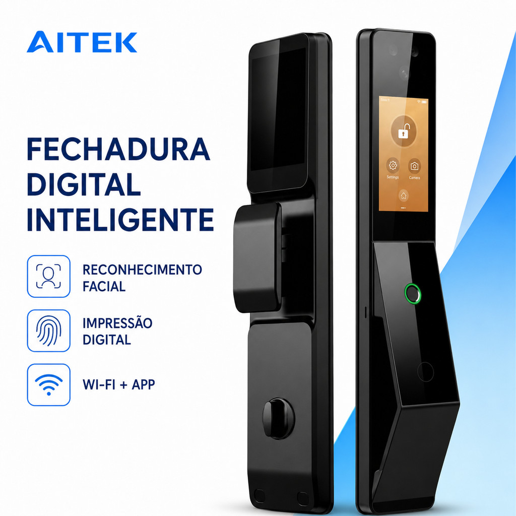 Fechadura Digital Inteligente Aitek Alpha 215 com Reconhecimento Facial Biometria Senha Cartão Wi-Fi e App