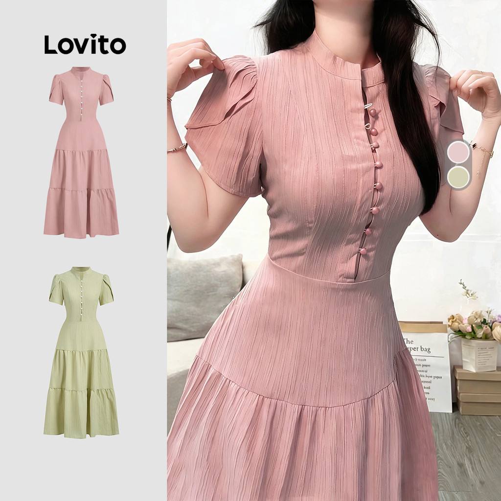 Lovito Elegante Vestido com Botões e Zíper Rosa de Primavera/verão para mulheres