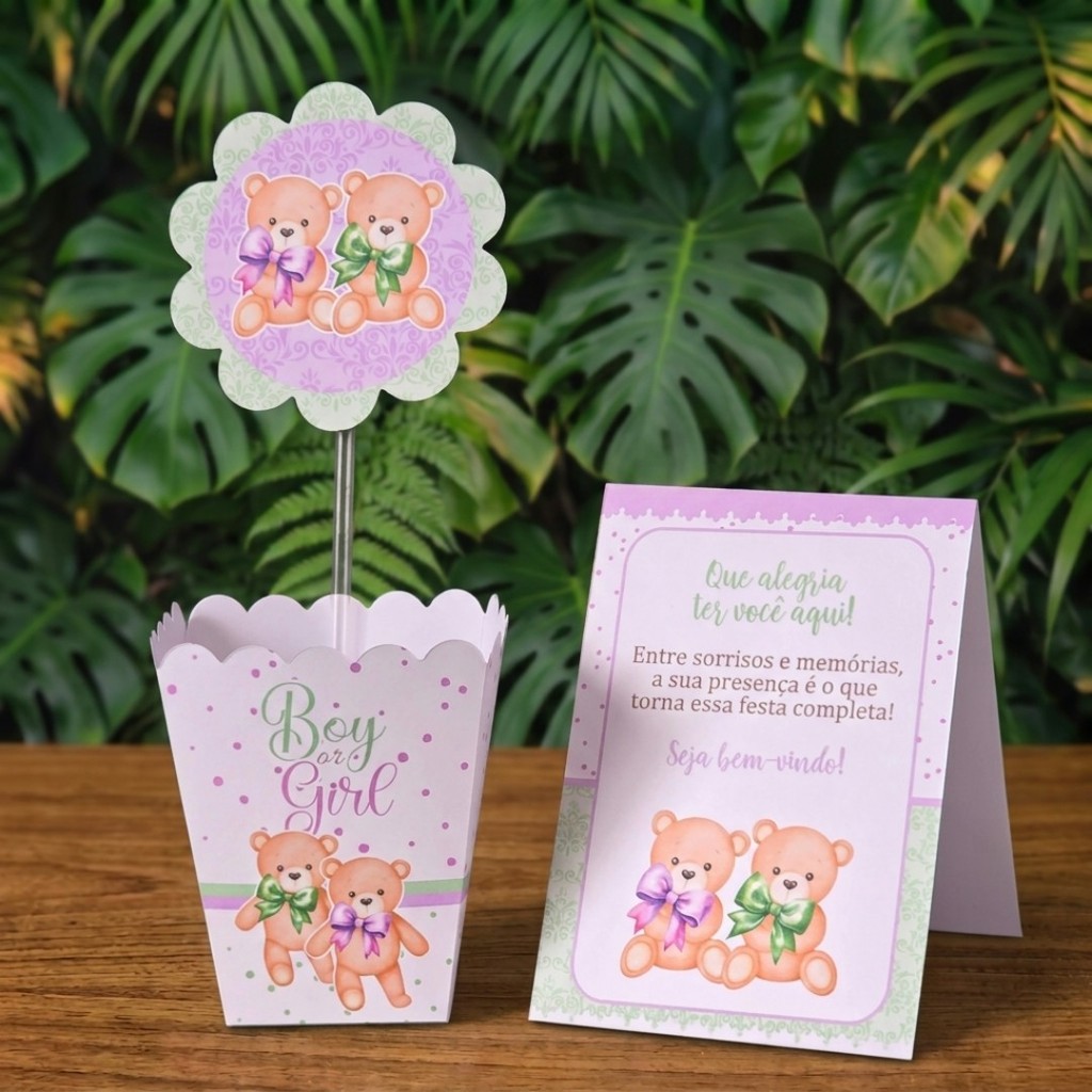 Centros de mesa + Plaquinhas CHÁ REVELAÇÃO LILÁS E VERDE lembrancinhas personalizadas infantil decoração kit festa
