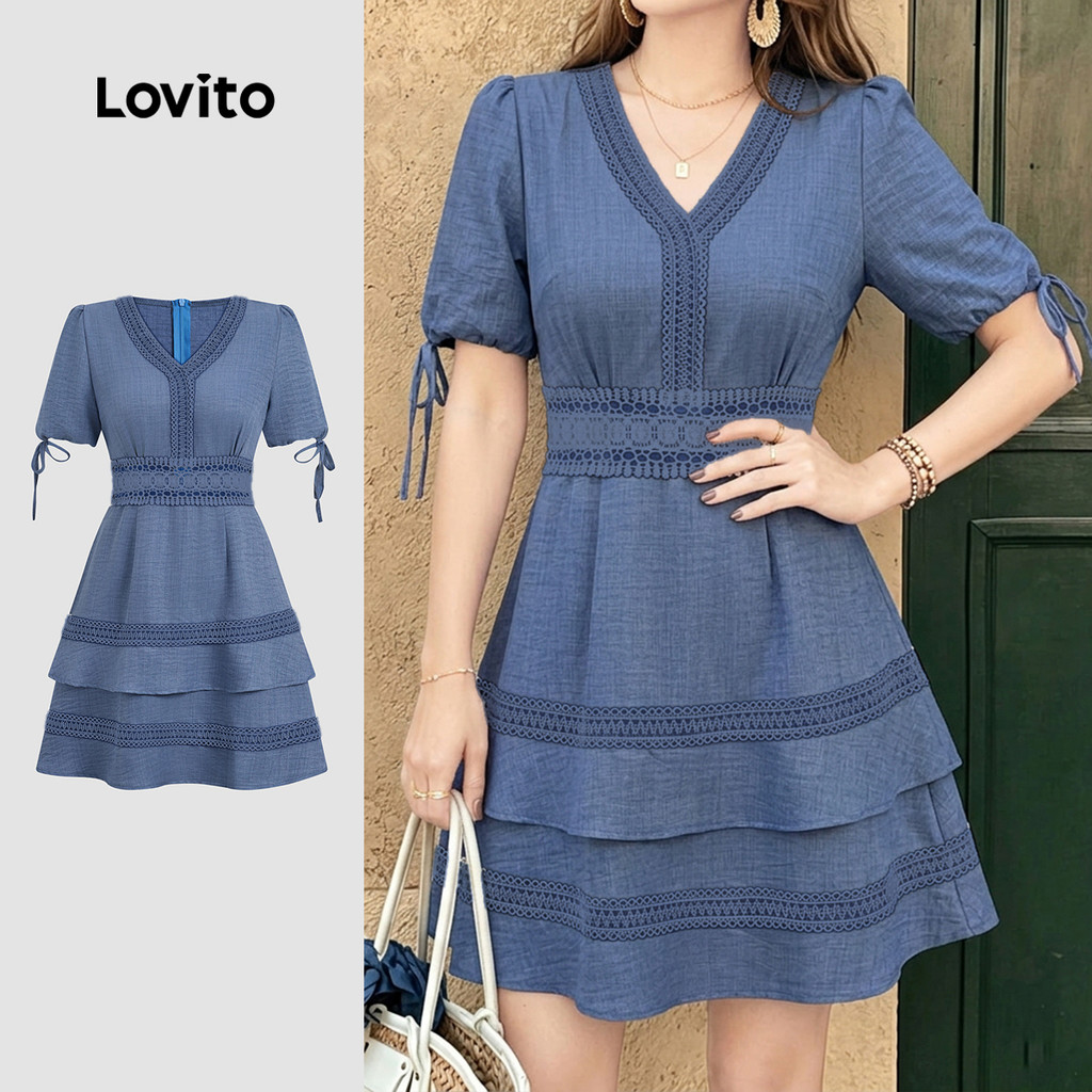 (New Arrival) Lovito Vestido Curto Azul De Renda Com Decote Em V E Camada Dupla