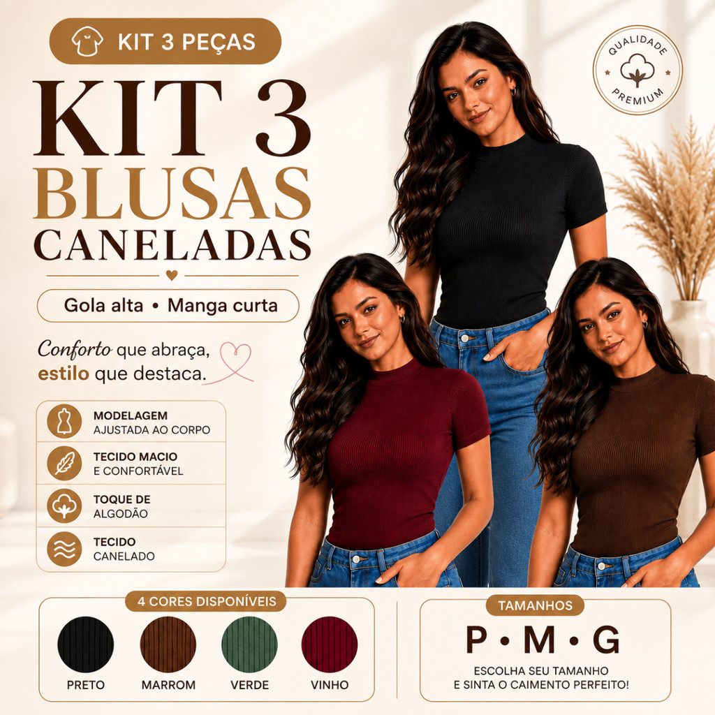 KIT Blusa Feminina Canelada Manga Curta Básica Gola Alta Redonda Confortável Elegante