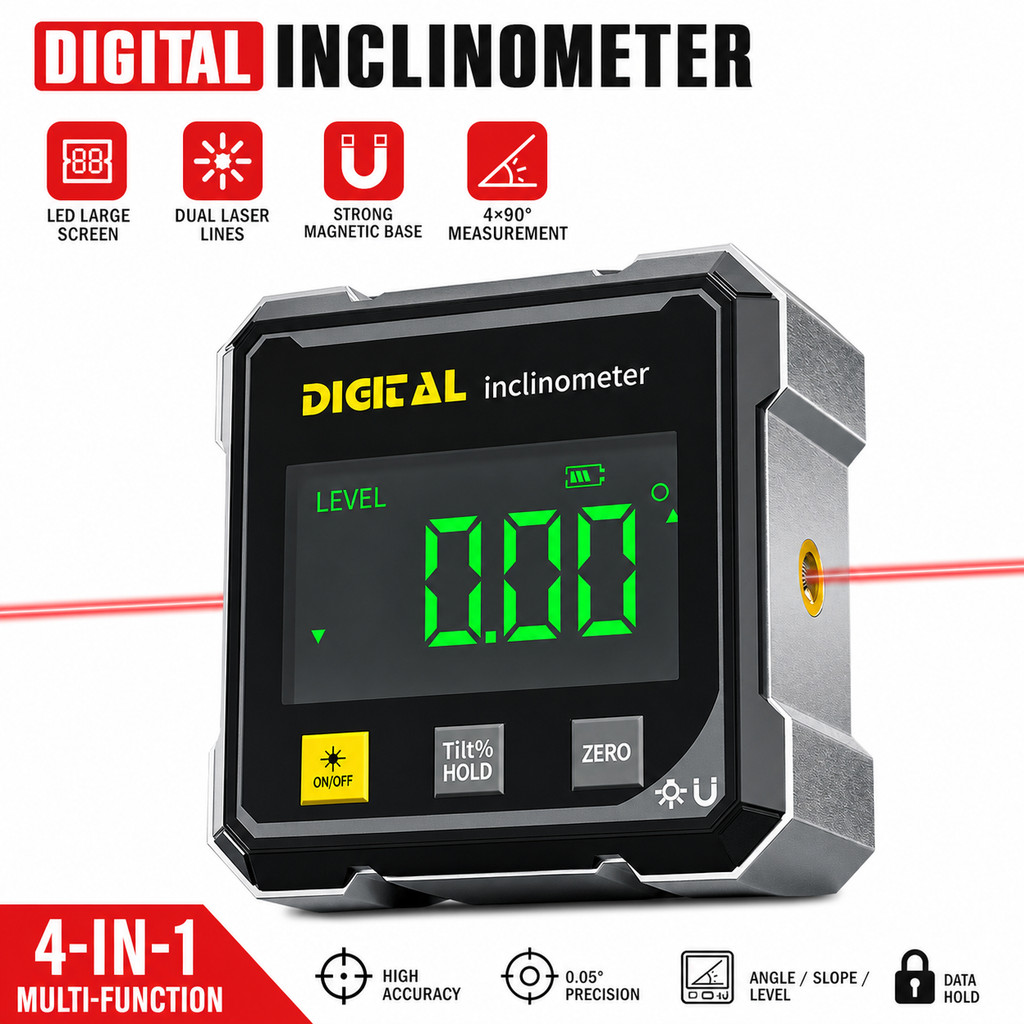 Goniômetro Digital Magnético Inclinômetro 4 Lados Transferidor Laser Ferramenta Construção Oficina
