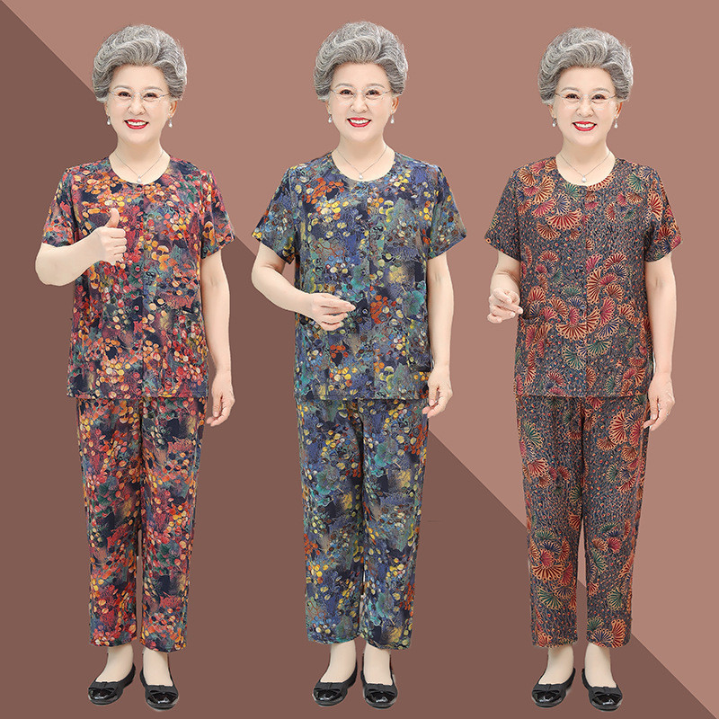 Terno de seda de algodão para idosos de meia-idade feminino Cardigan de manga curta 70 anos 80 mãe idosos algodão seda d