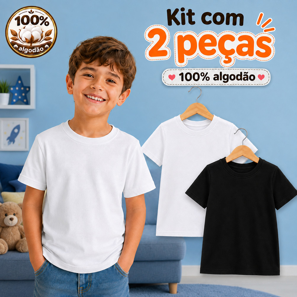 2 Peças Camisetas Infantis Básica Menino Moda Infantil Blusa Camisa Dia a Dia 100% Algodão Trends Masculina Feminina