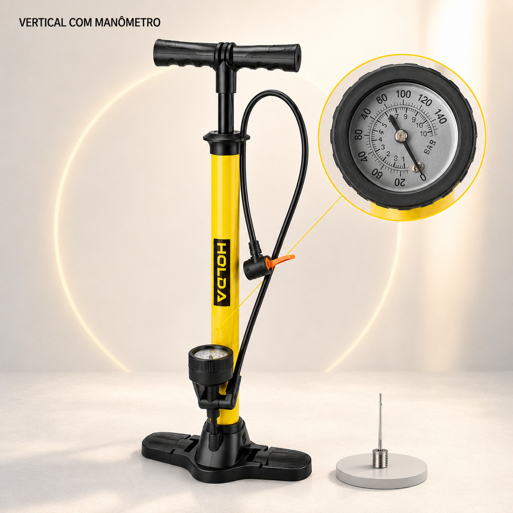 Bomba de Ar Manual Portátil para Bicicleta Pneu Bola Pedal Vertical com ou sem Manômetro