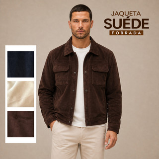 Jaqueta Masculina Suéde Forrada com bolsos Frio Preta Marrom Bege Plus Size