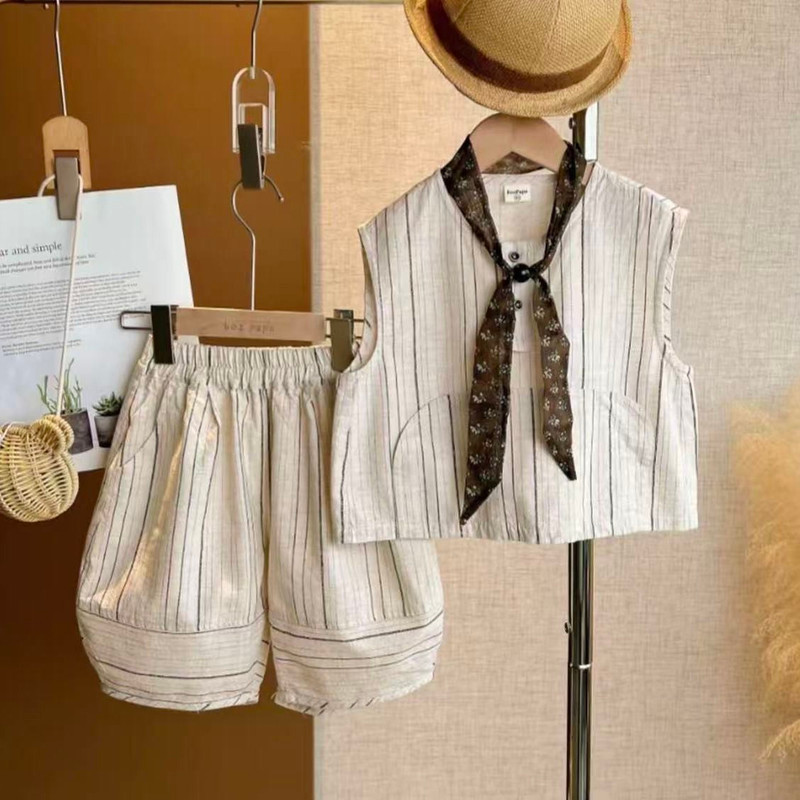 Meninos Mori estilo listrado roupas de verão crianças moda bebê sem mangas colete listrado Shorts de duas peças na moda