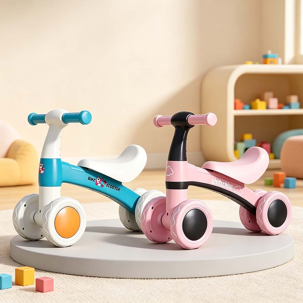 Bicicleta de Equilíbrio 4 Rodas Sem Pedal, Andador Infantil Resistente para Bebês e Crianças – Estável e segura！