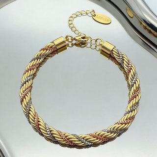 Pulseira de ferro torcido grosso banhada a ouro estilo hip-hop com corrente de cobre fina tricolor, unissex.
