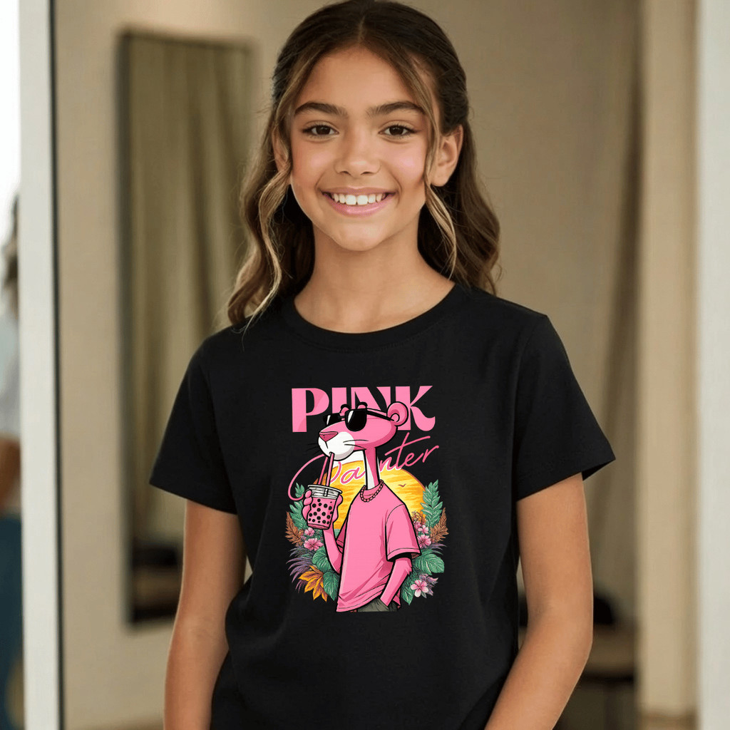 Camiseta Infantil Estampada Pantera Rosa 100% Básica Manga Curta Unissex Masculina e Feminino Básica
